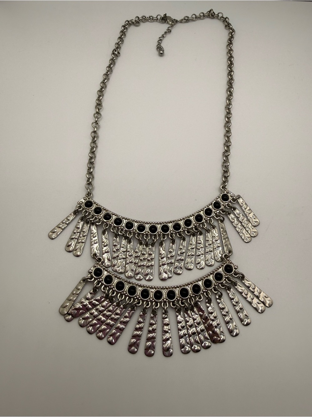 Boho Silver-Tone Fringe Statement Necklace with Black Accents